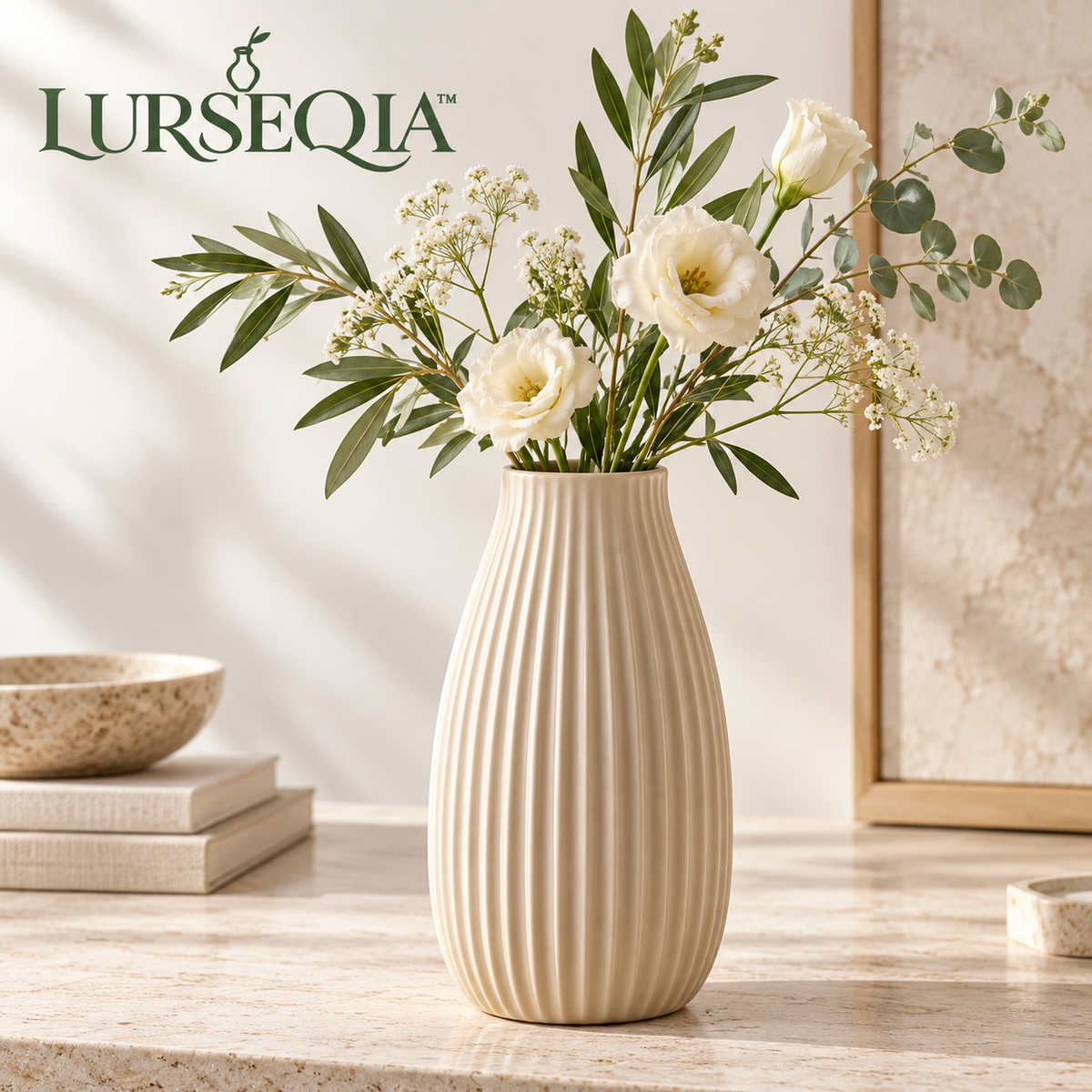 LURSEQIA™ Pleat Fluted Ceramic Vase — Tall Ribbed Stoneware Flower Vase for Console Tables & Modern Home Decor