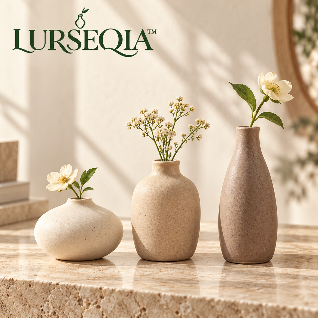 LURSEQIA™ Pebble Ceramic Bud Vase Set of 3 — Small Stoneware Flower Vases for Shelves, Bedside Tables & Dining Centerpieces