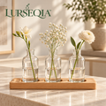 LURSEQIA™ Link Glass Bud Vase Trio with Wood Tray — 3 Small Flower Vases for Dining Tables, Desks & Narrow Shelves