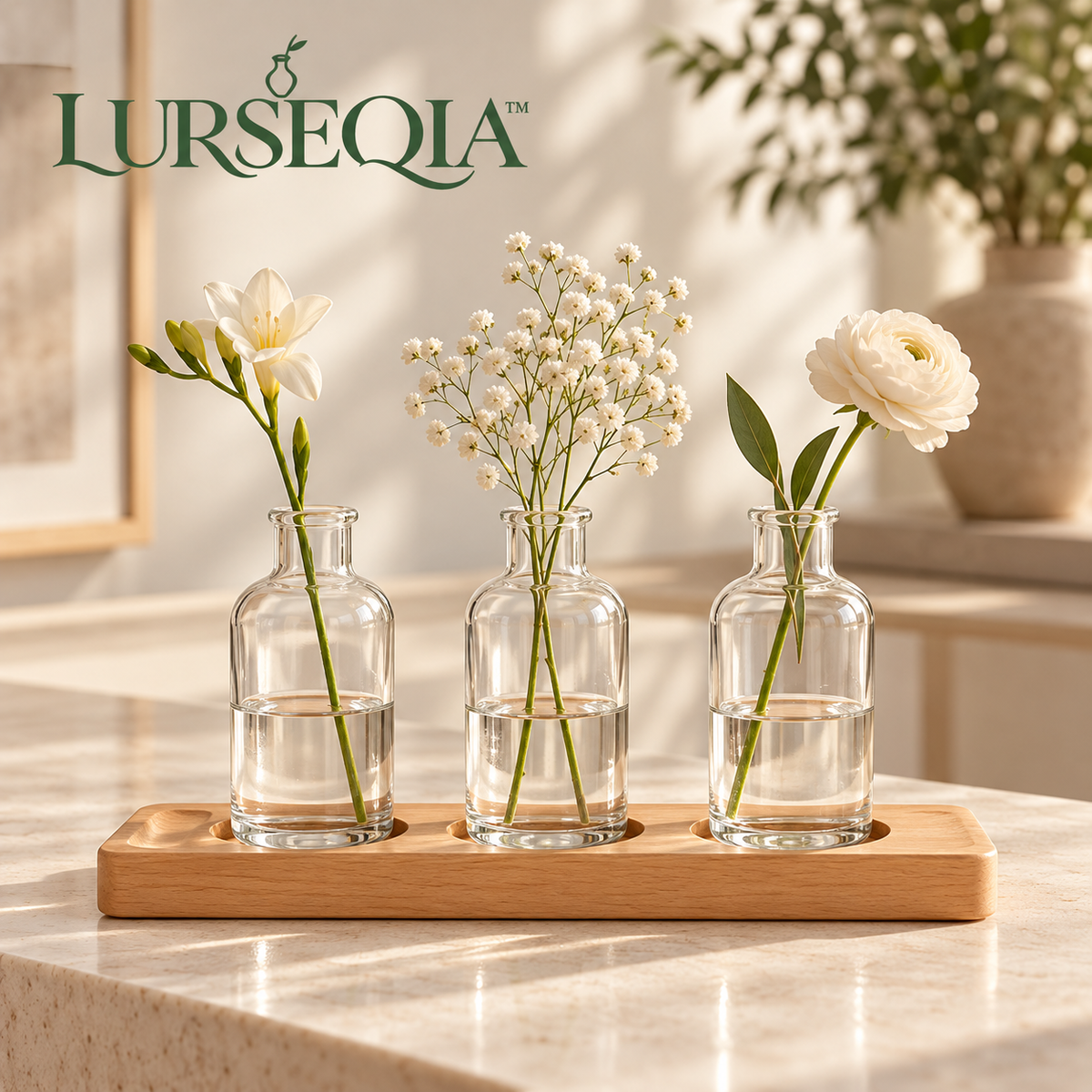 LURSEQIA™ Link Glass Bud Vase Trio with Wood Tray — 3 Small Flower Vases for Dining Tables, Desks & Narrow Shelves
