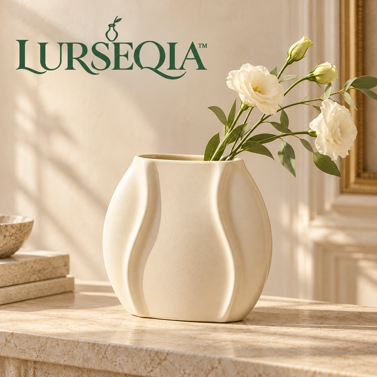 LURSEQIA™ Fold Oval Ceramic Vase — Narrow-Depth Stoneware Flower Vase for Mantels, Shelves & Small Console Tables