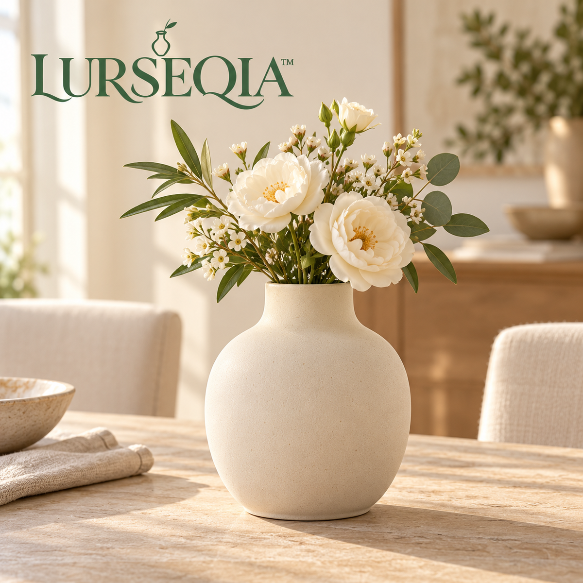LURSEQIA™ Cove Rounded Ceramic Vase — Matte Stoneware Flower Vase for Dining Tables, Shelves & Entryway Decor