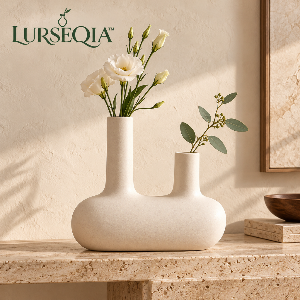 LURSEQIA™ Span Double-Neck Ceramic Vase — Sculptural Two-Opening Stoneware Flower Vase for Modern Tabletop Arrangements