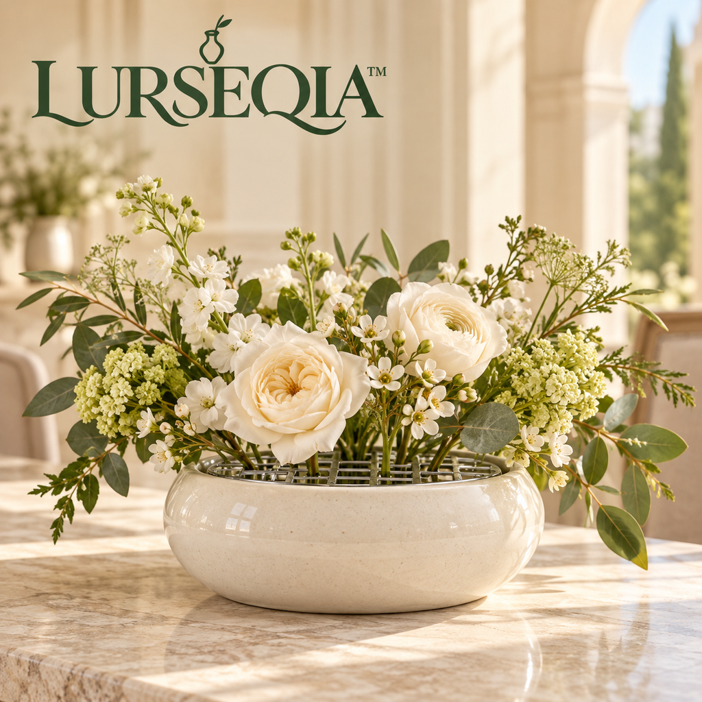 LURSEQIA™ Basin Low Wide Ceramic Vase — Stoneware Floral Centerpiece with Removable Stem Grid for Dining & Coffee Tables
