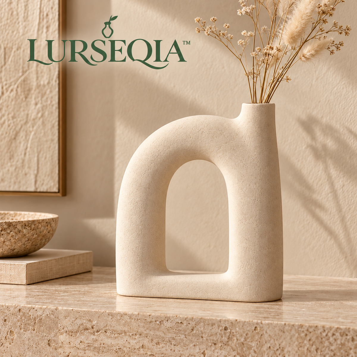LURSEQIA™ Arc Sculptural Ceramic Vase — Open-Center Arch Flower Vase for Dried Stems, Shelves & Modern Console Decor
