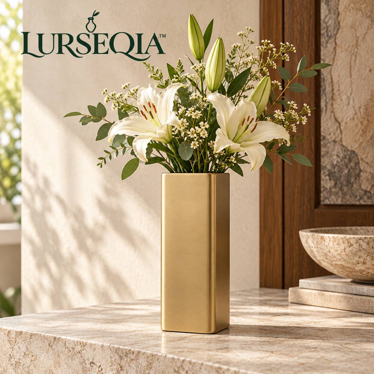 LURSEQIA™ Column Metal Flower Vase with Removable Glass Insert — Satin-Finish Tabletop Vase for Fresh Flowers & Modern Decor