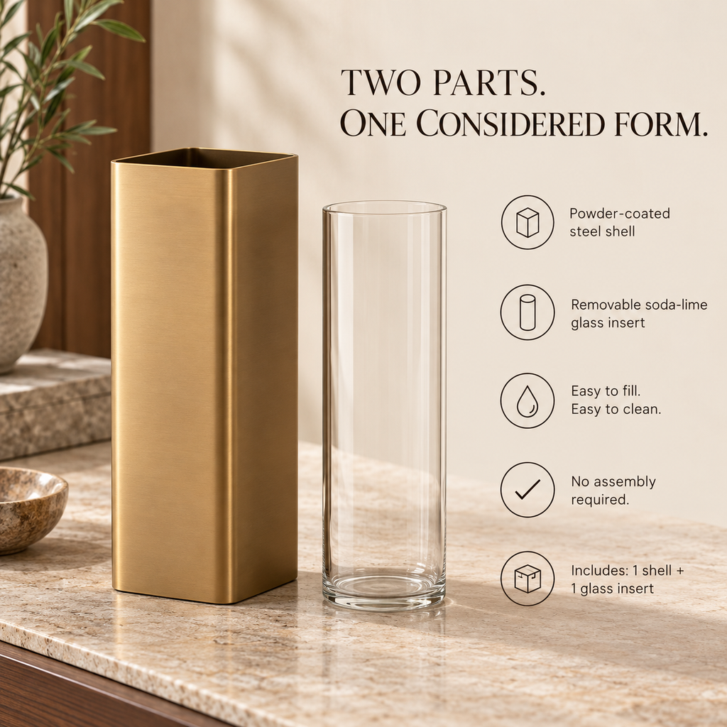LURSEQIA™ Column Metal Flower Vase with Removable Glass Insert — Satin-Finish Tabletop Vase for Fresh Flowers & Modern Decor