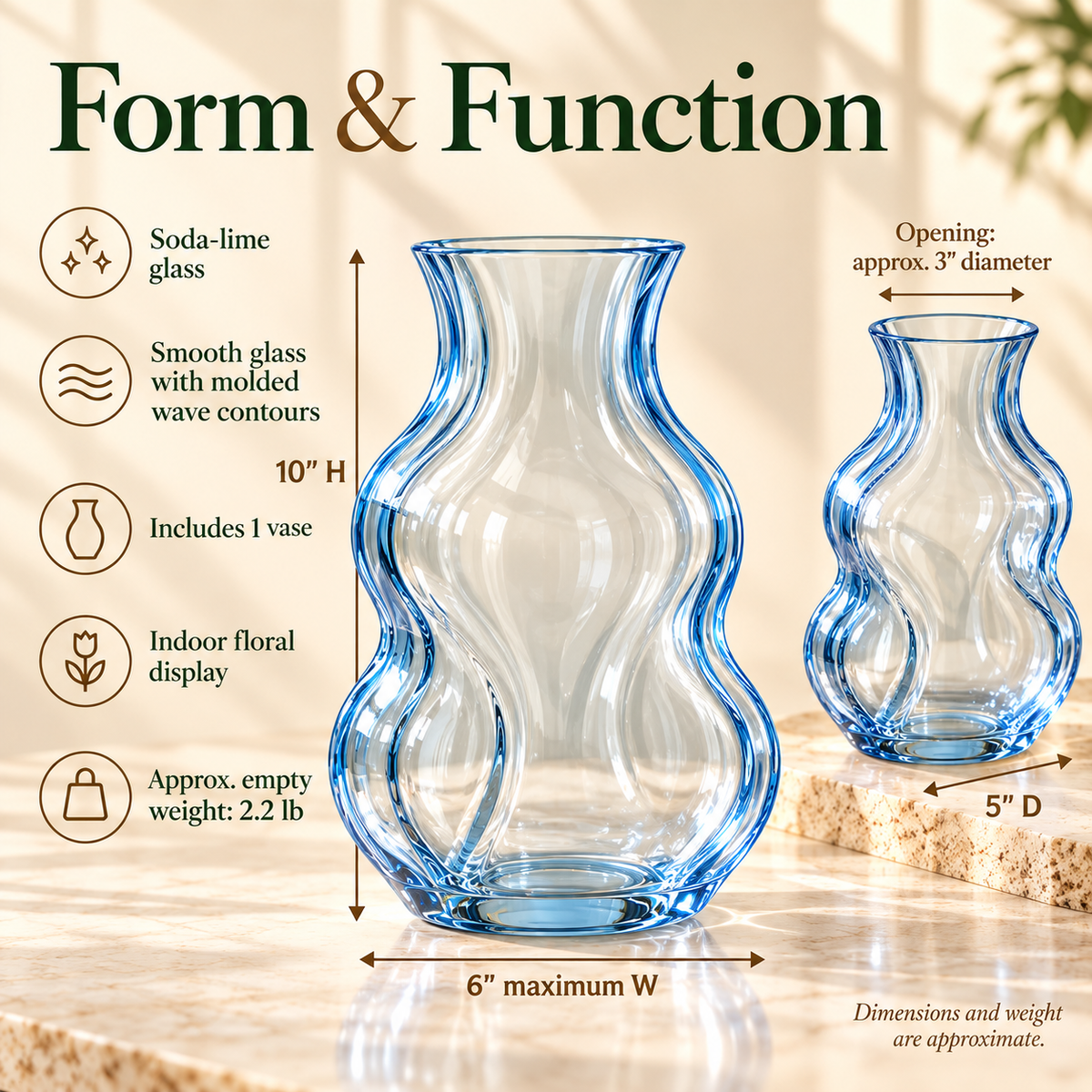 LURSEQIA™ Tide Wavy Glass Vase — Sculptural Colored Flower Vase with Undulating Sides for Modern Tabletop Decor