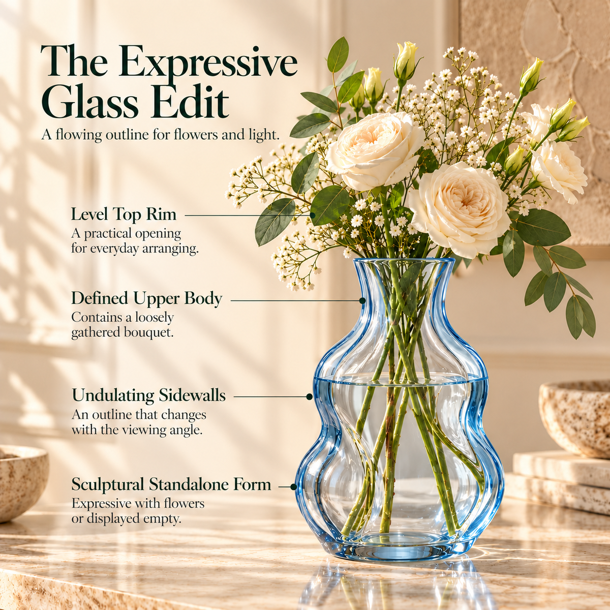 LURSEQIA™ Tide Wavy Glass Vase — Sculptural Colored Flower Vase with Undulating Sides for Modern Tabletop Decor