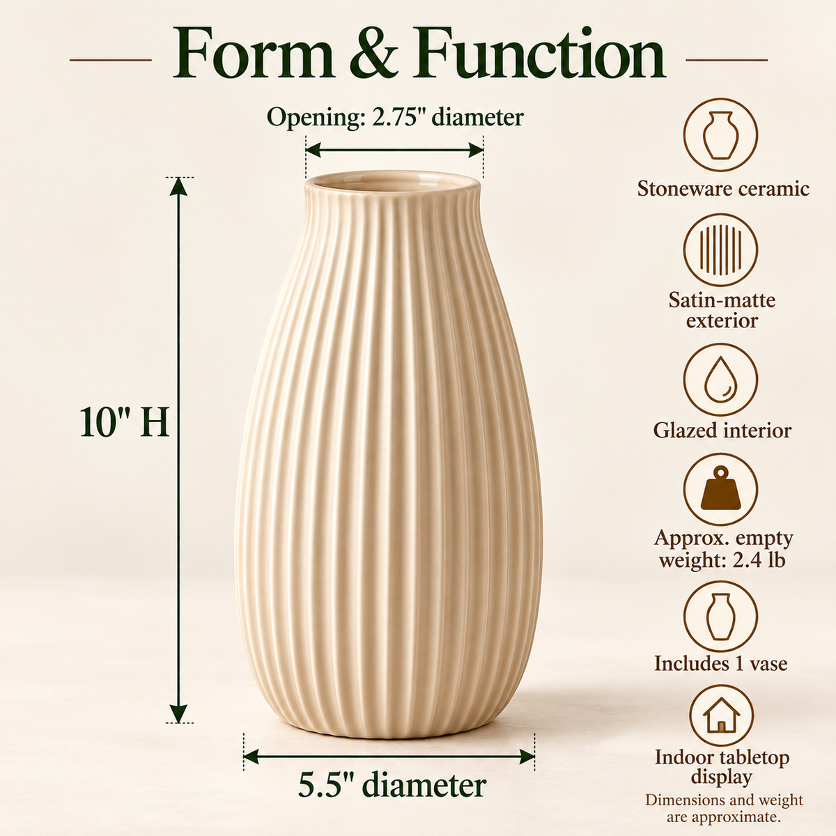 LURSEQIA™ Pleat Fluted Ceramic Vase — Tall Ribbed Stoneware Flower Vase for Console Tables & Modern Home Decor