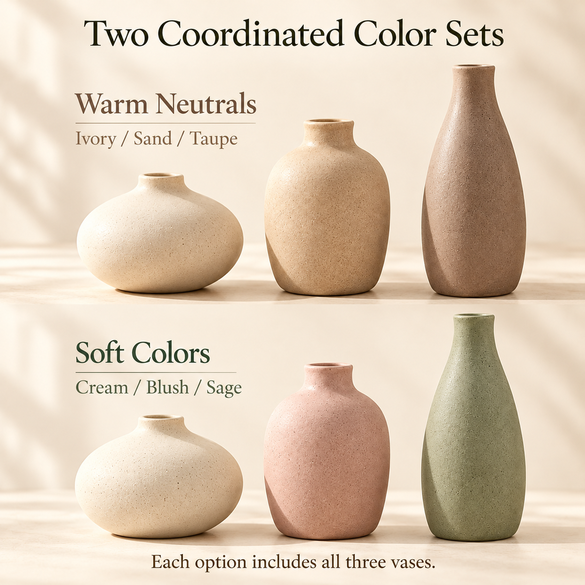LURSEQIA™ Pebble Ceramic Bud Vase Set of 3 — Small Stoneware Flower Vases for Shelves, Bedside Tables & Dining Centerpieces