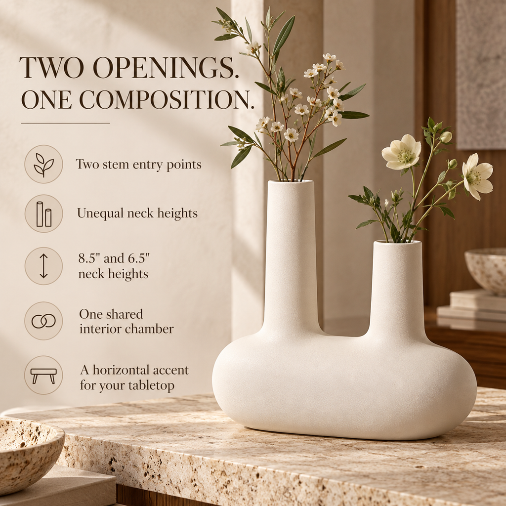LURSEQIA™ Span Double-Neck Ceramic Vase — Sculptural Two-Opening Stoneware Flower Vase for Modern Tabletop Arrangements