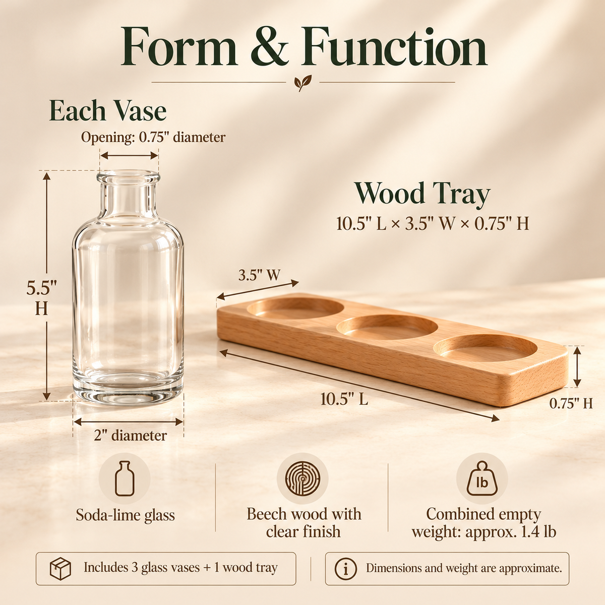 LURSEQIA™ Link Glass Bud Vase Trio with Wood Tray — 3 Small Flower Vases for Dining Tables, Desks & Narrow Shelves