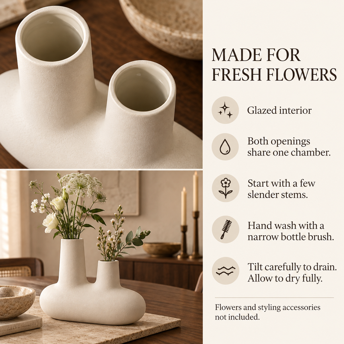 LURSEQIA™ Span Double-Neck Ceramic Vase — Sculptural Two-Opening Stoneware Flower Vase for Modern Tabletop Arrangements