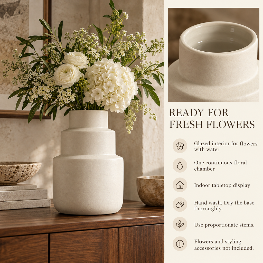 LURSEQIA™ Terrace Stepped Ceramic Vase — Tiered Stoneware Flower Vase for Entryway Consoles, Sideboards & Statement Decor