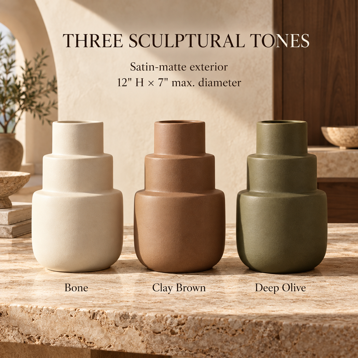 LURSEQIA™ Terrace Stepped Ceramic Vase — Tiered Stoneware Flower Vase for Entryway Consoles, Sideboards & Statement Decor