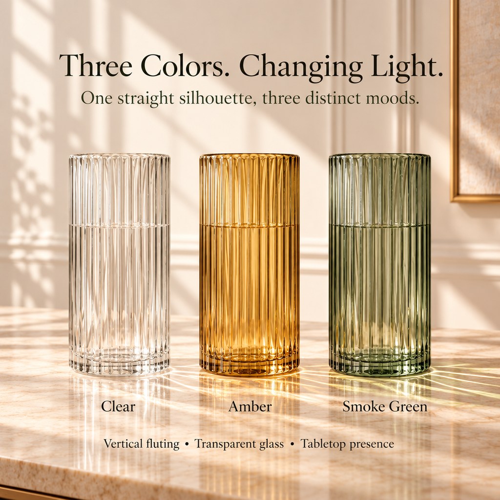 LURSEQIA™ Reed Ribbed Glass Vase — Tall Fluted Flower Vase for Fresh Bouquets, Dining Tables & Console Decor