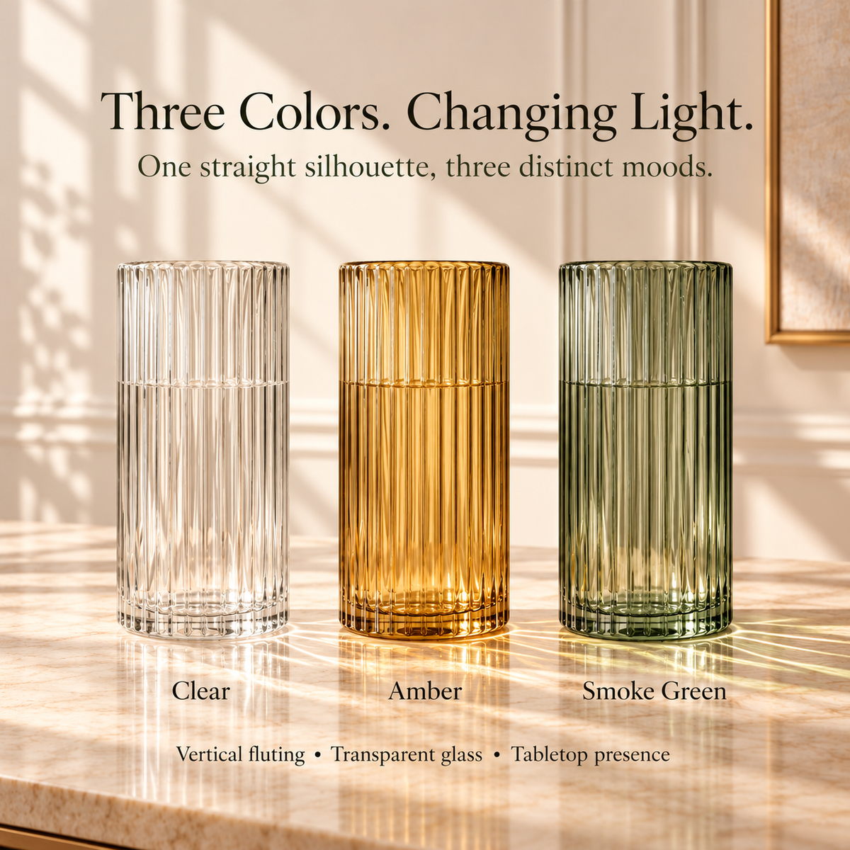 LURSEQIA™ Reed Ribbed Glass Vase — Tall Fluted Flower Vase for Fresh Bouquets, Dining Tables & Console Decor