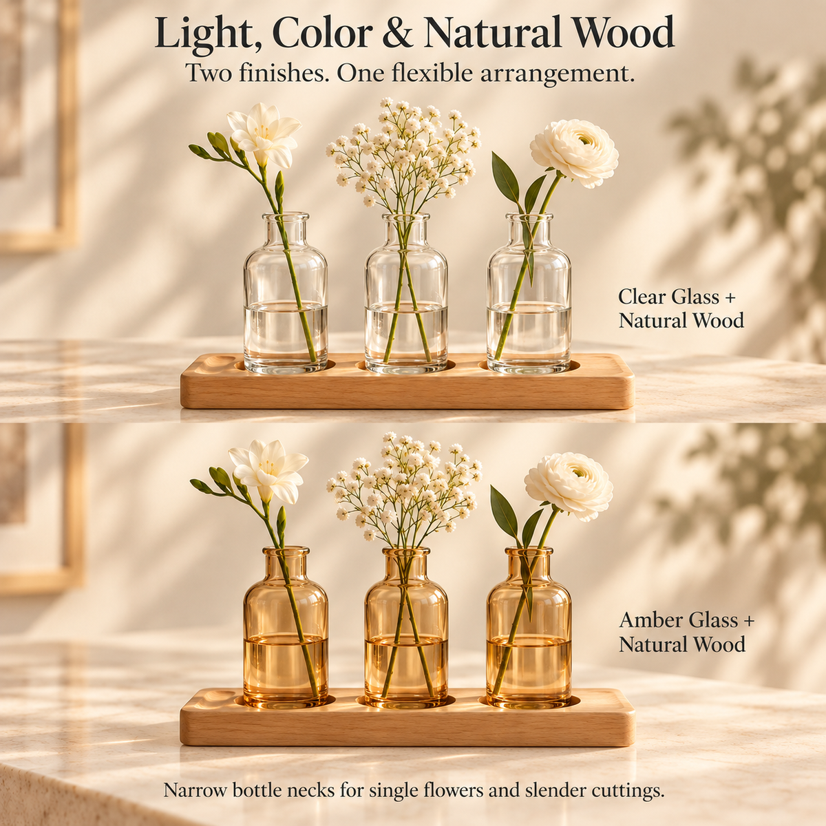 LURSEQIA™ Link Glass Bud Vase Trio with Wood Tray — 3 Small Flower Vases for Dining Tables, Desks & Narrow Shelves