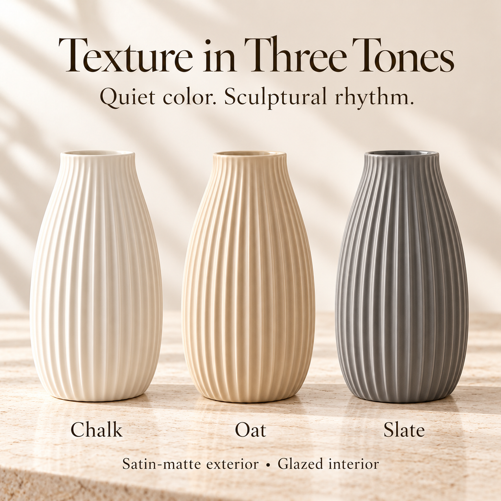 LURSEQIA™ Pleat Fluted Ceramic Vase — Tall Ribbed Stoneware Flower Vase for Console Tables & Modern Home Decor