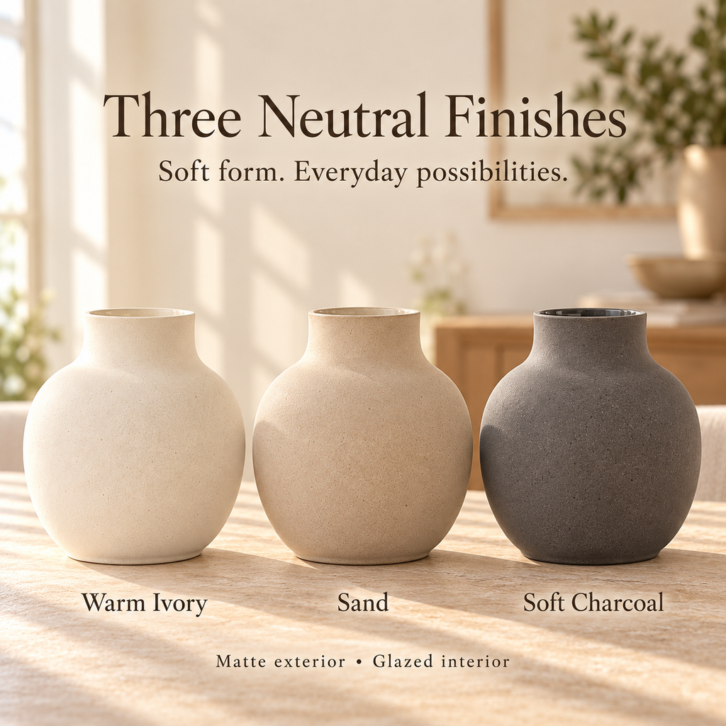 LURSEQIA™ Cove Rounded Ceramic Vase — Matte Stoneware Flower Vase for Dining Tables, Shelves & Entryway Decor