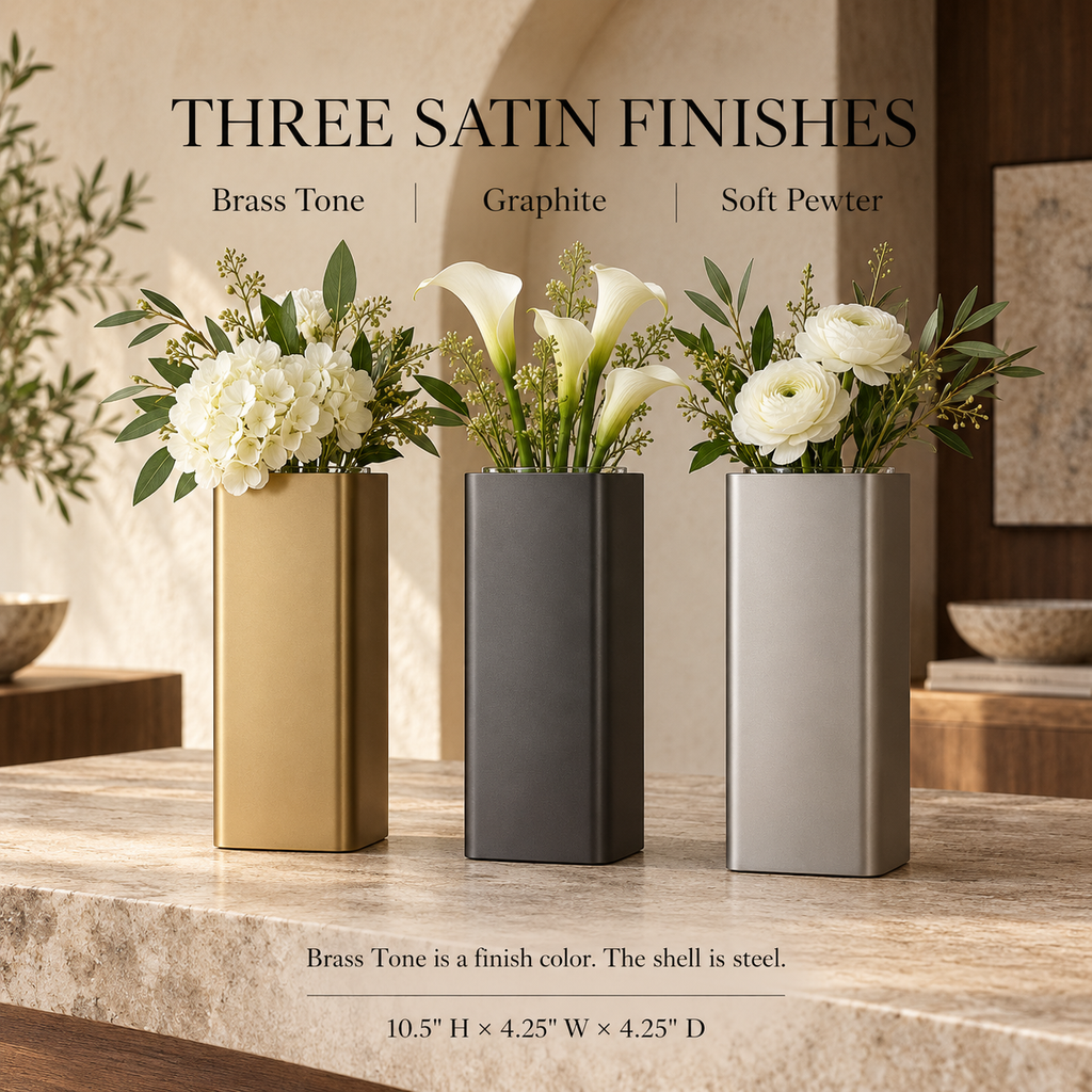 LURSEQIA™ Column Metal Flower Vase with Removable Glass Insert — Satin-Finish Tabletop Vase for Fresh Flowers & Modern Decor