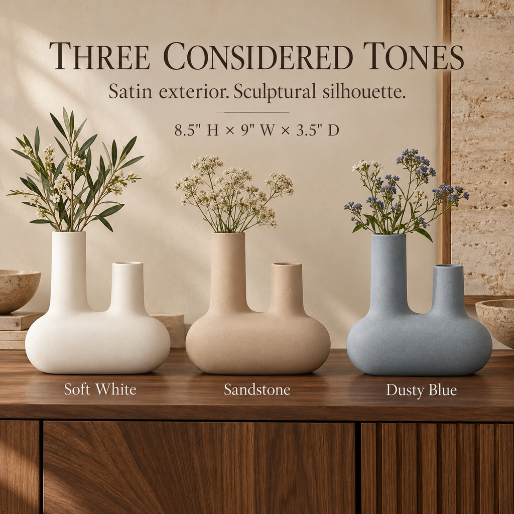 LURSEQIA™ Span Double-Neck Ceramic Vase — Sculptural Two-Opening Stoneware Flower Vase for Modern Tabletop Arrangements