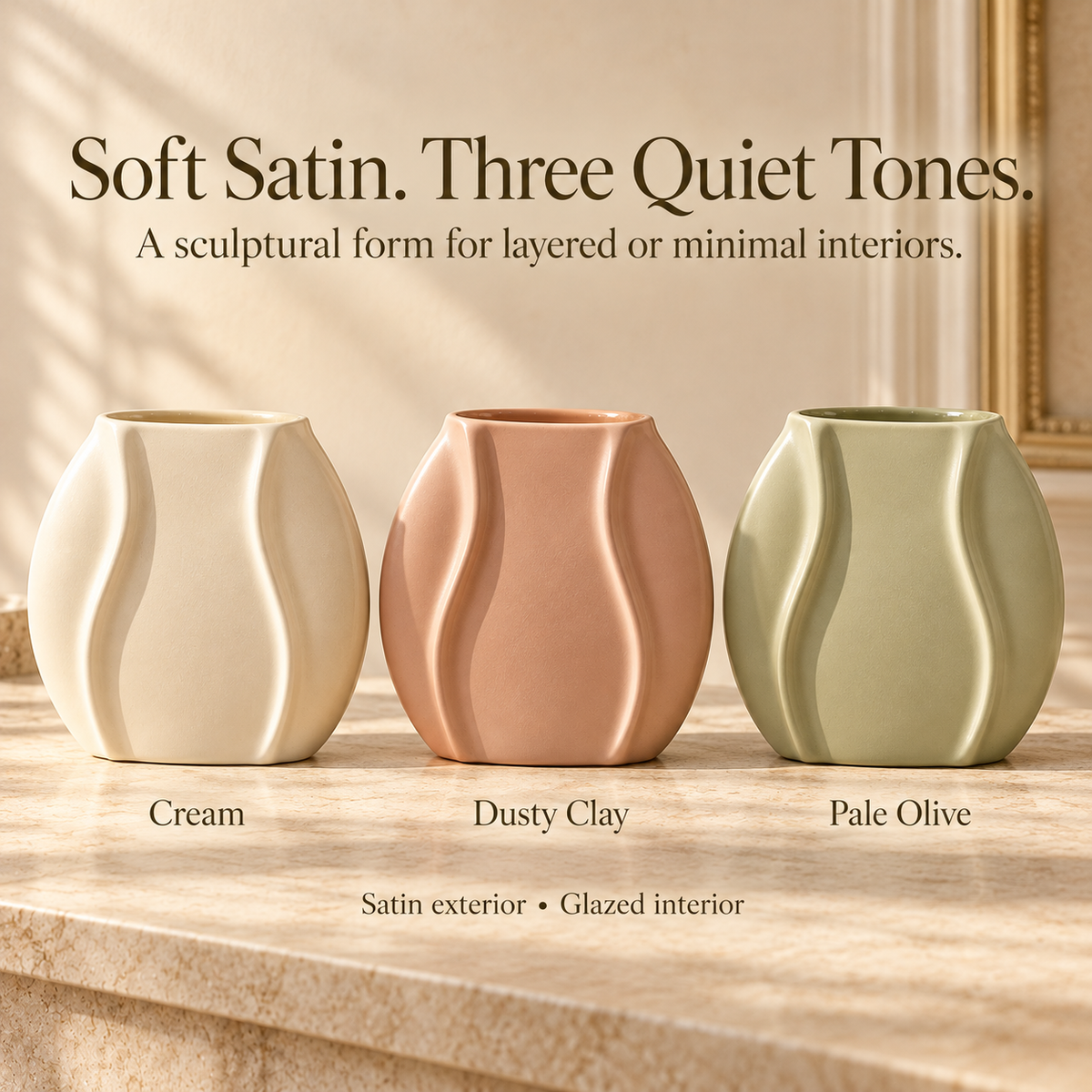 LURSEQIA™ Fold Oval Ceramic Vase — Narrow-Depth Stoneware Flower Vase for Mantels, Shelves & Small Console Tables