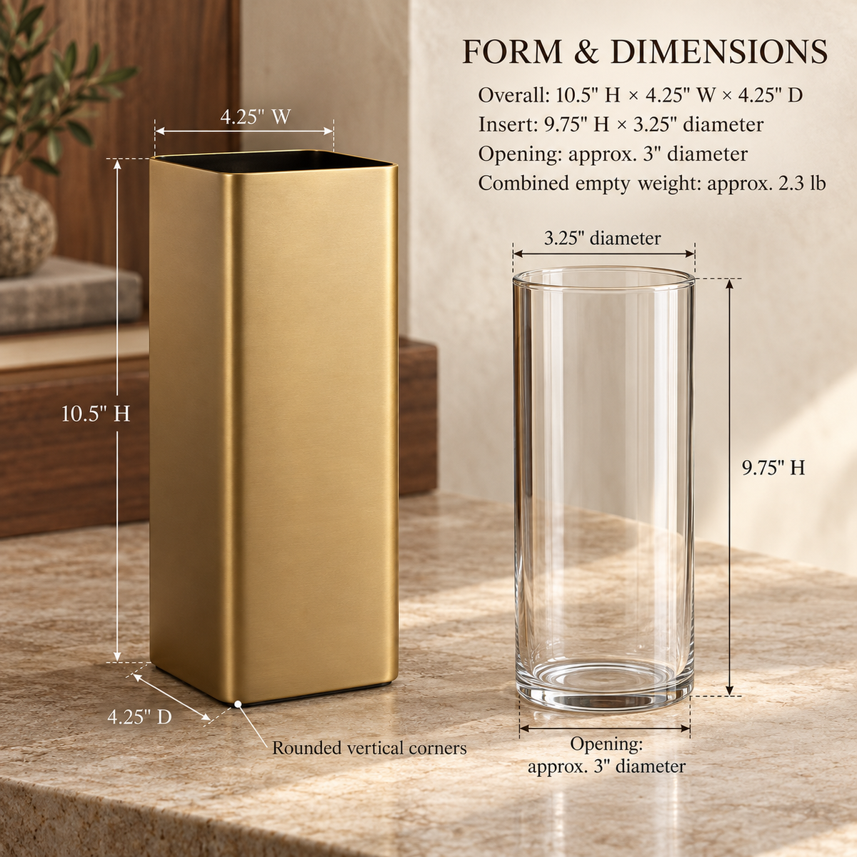 LURSEQIA™ Column Metal Flower Vase with Removable Glass Insert — Satin-Finish Tabletop Vase for Fresh Flowers & Modern Decor