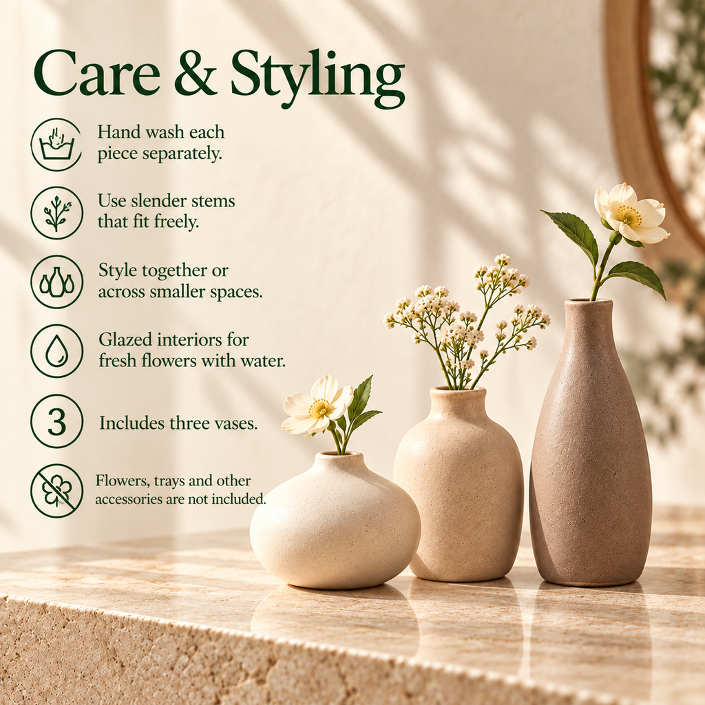 LURSEQIA™ Pebble Ceramic Bud Vase Set of 3 — Small Stoneware Flower Vases for Shelves, Bedside Tables & Dining Centerpieces