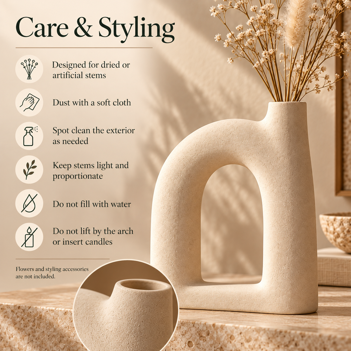 LURSEQIA™ Arc Sculptural Ceramic Vase — Open-Center Arch Flower Vase for Dried Stems, Shelves & Modern Console Decor