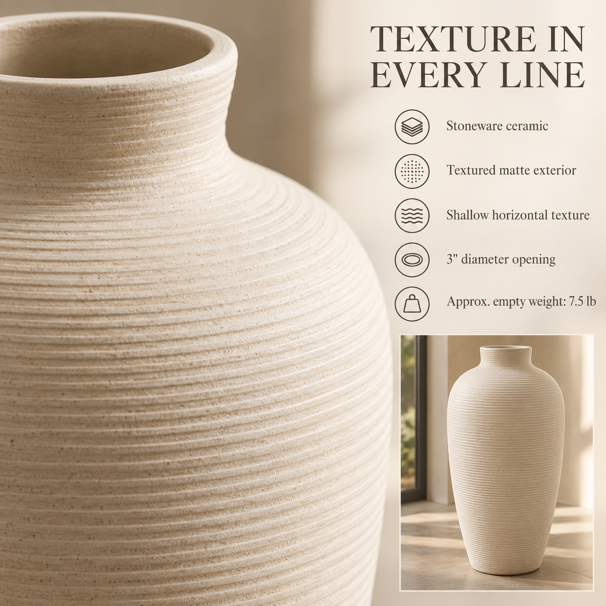 LURSEQIA™ Landmark Tall Ceramic Floor Vase — Textured Stoneware Decorative Vase for Dried Branches, Pampas & Entryway Styling