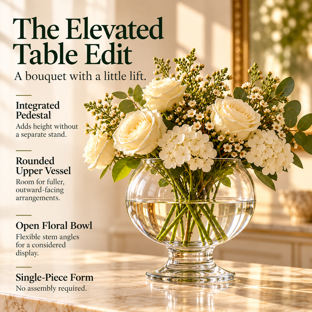 LURSEQIA™ Rise Footed Glass Vase — Pedestal Flower Vase for Dining Centerpieces, Fresh Bouquets & Shelf Styling