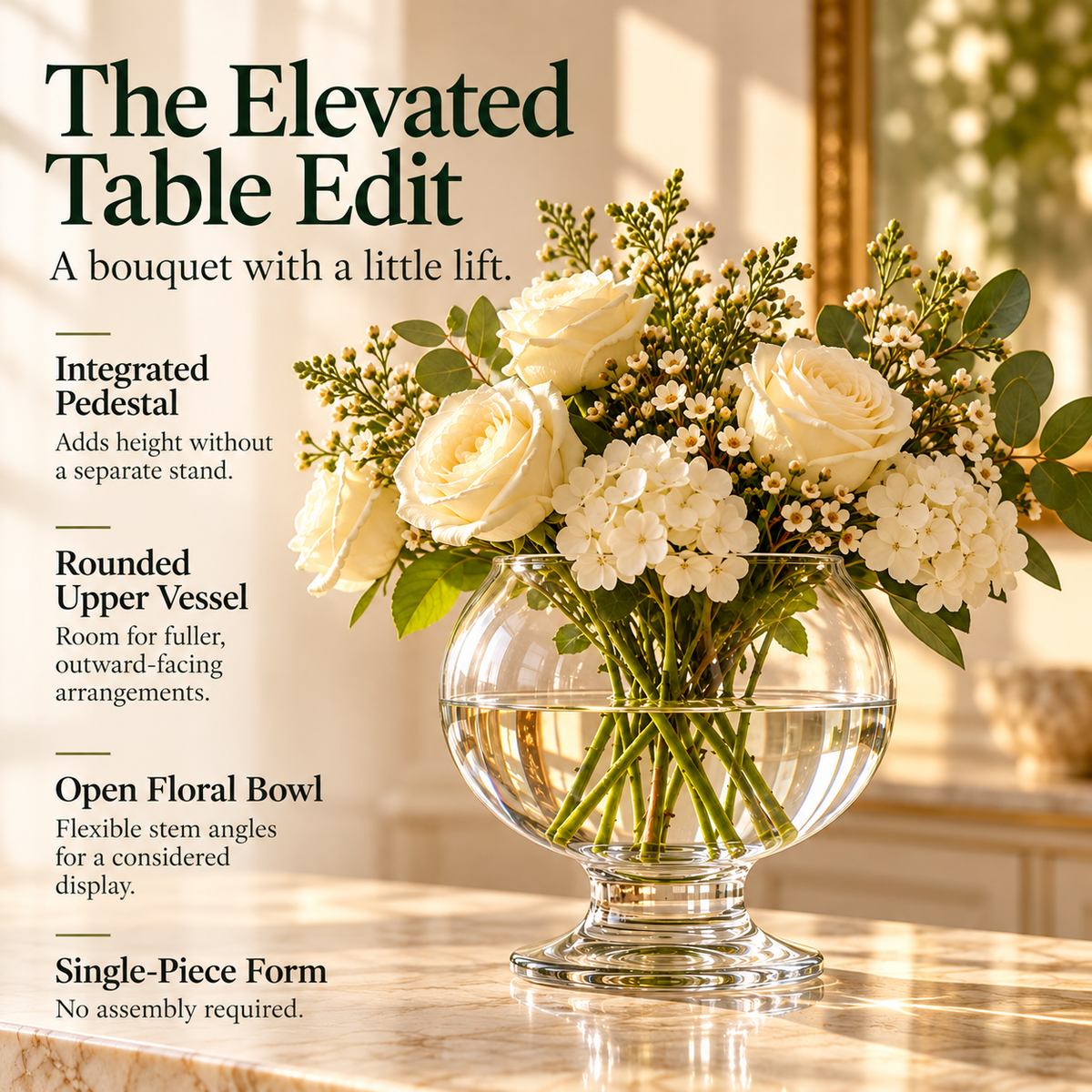 LURSEQIA™ Rise Footed Glass Vase — Pedestal Flower Vase for Dining Centerpieces, Fresh Bouquets & Shelf Styling