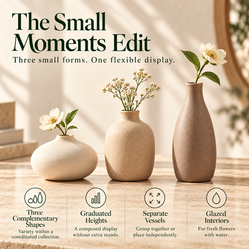 LURSEQIA™ Pebble Ceramic Bud Vase Set of 3 — Small Stoneware Flower Vases for Shelves, Bedside Tables & Dining Centerpieces