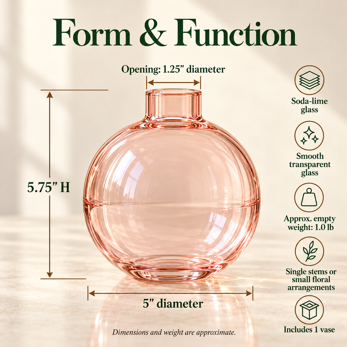 LURSEQIA™ Halo Round Glass Bud Vase — Sphere Flower Vase with Narrow Neck for Single Stems & Small Tabletop Arrangements