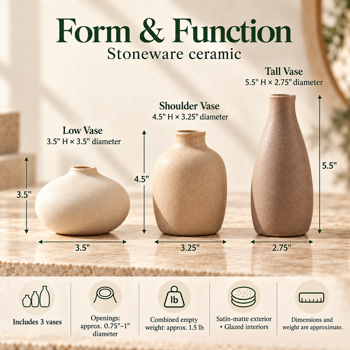 LURSEQIA™ Pebble Ceramic Bud Vase Set of 3 — Small Stoneware Flower Vases for Shelves, Bedside Tables & Dining Centerpieces