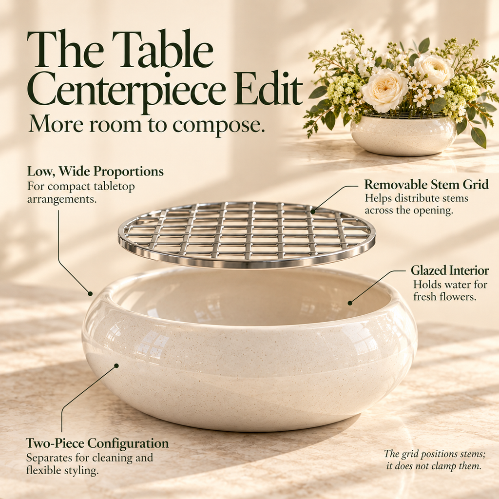 LURSEQIA™ Basin Low Wide Ceramic Vase — Stoneware Floral Centerpiece with Removable Stem Grid for Dining & Coffee Tables