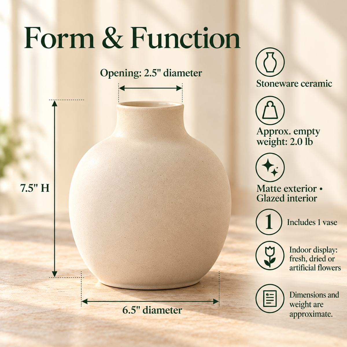 LURSEQIA™ Cove Rounded Ceramic Vase — Matte Stoneware Flower Vase for Dining Tables, Shelves & Entryway Decor