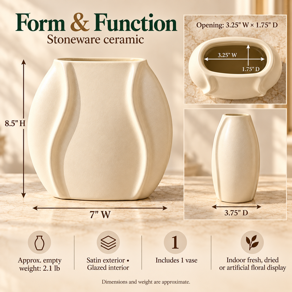 LURSEQIA™ Fold Oval Ceramic Vase — Narrow-Depth Stoneware Flower Vase for Mantels, Shelves & Small Console Tables