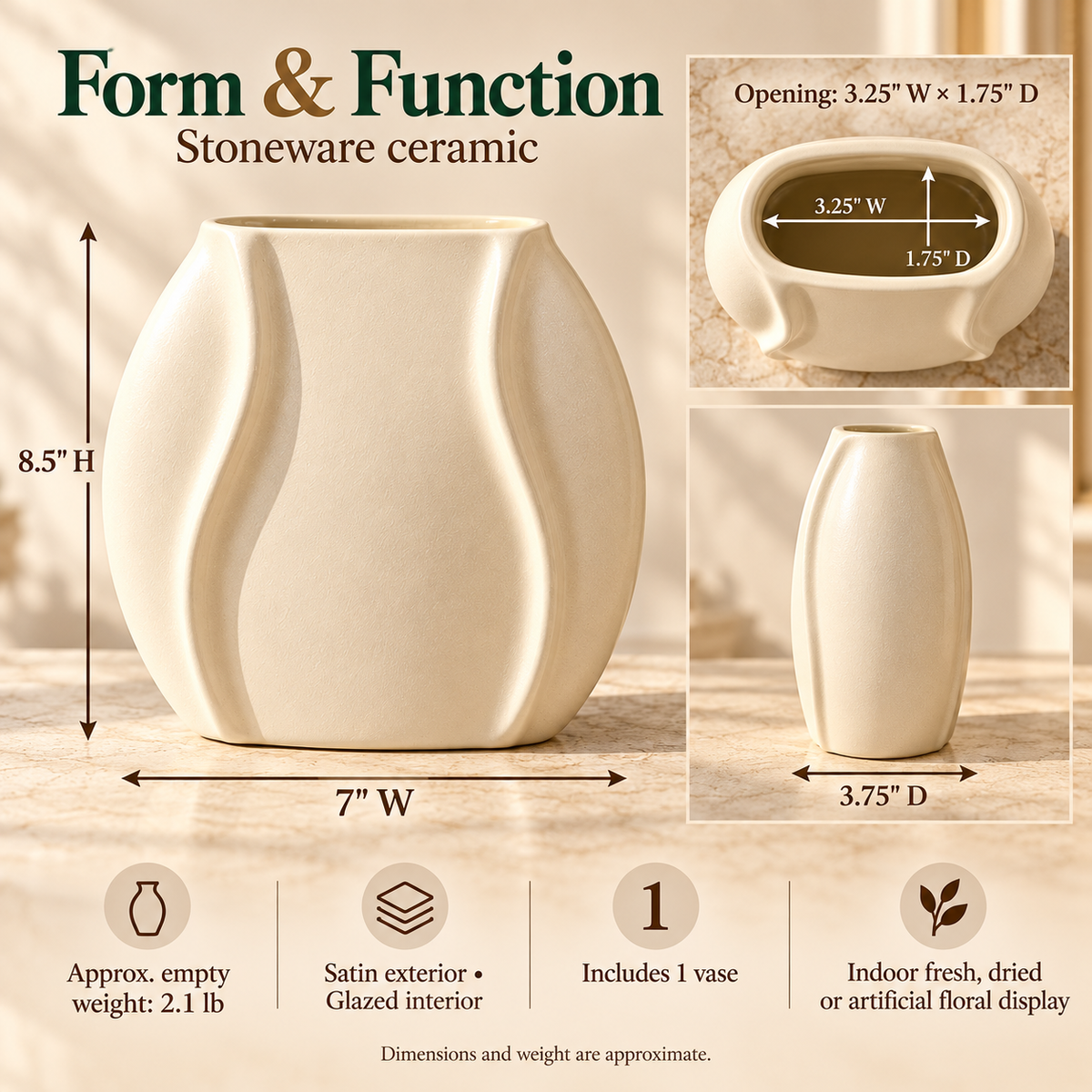 LURSEQIA™ Fold Oval Ceramic Vase — Narrow-Depth Stoneware Flower Vase for Mantels, Shelves & Small Console Tables