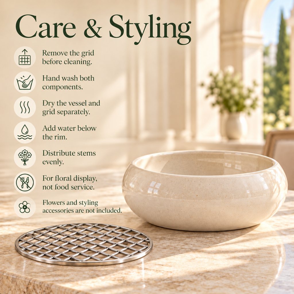 LURSEQIA™ Basin Low Wide Ceramic Vase — Stoneware Floral Centerpiece with Removable Stem Grid for Dining & Coffee Tables