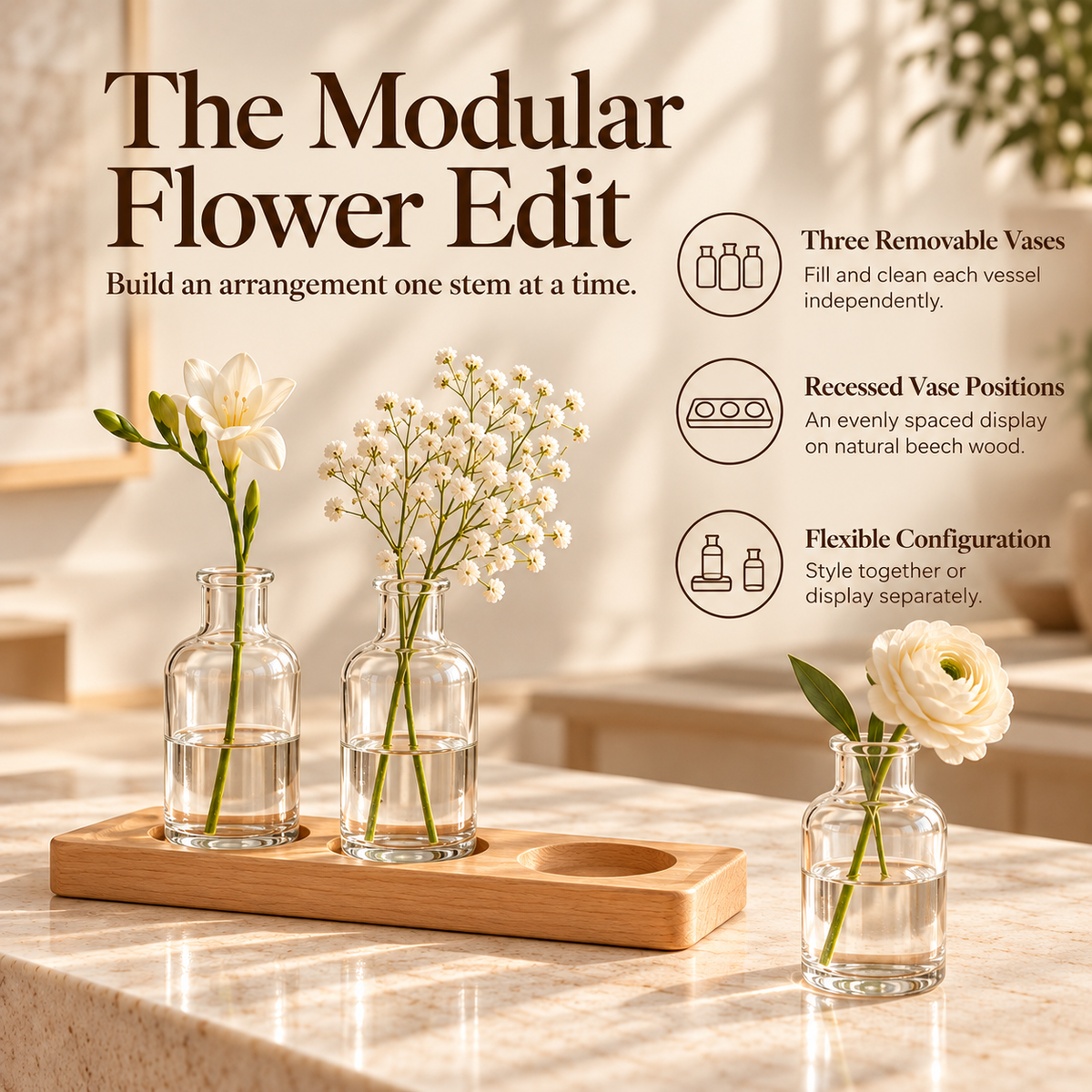 LURSEQIA™ Link Glass Bud Vase Trio with Wood Tray — 3 Small Flower Vases for Dining Tables, Desks & Narrow Shelves
