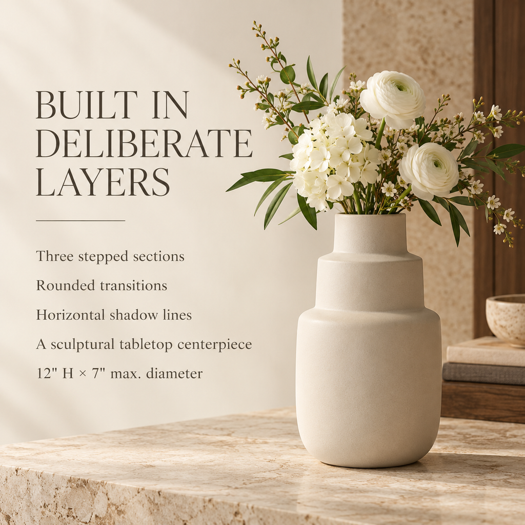 LURSEQIA™ Terrace Stepped Ceramic Vase — Tiered Stoneware Flower Vase for Entryway Consoles, Sideboards & Statement Decor