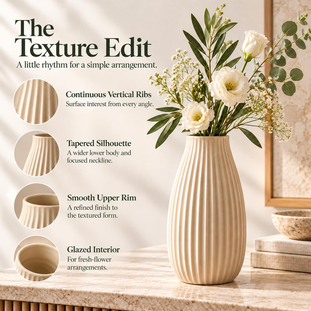 LURSEQIA™ Pleat Fluted Ceramic Vase — Tall Ribbed Stoneware Flower Vase for Console Tables & Modern Home Decor