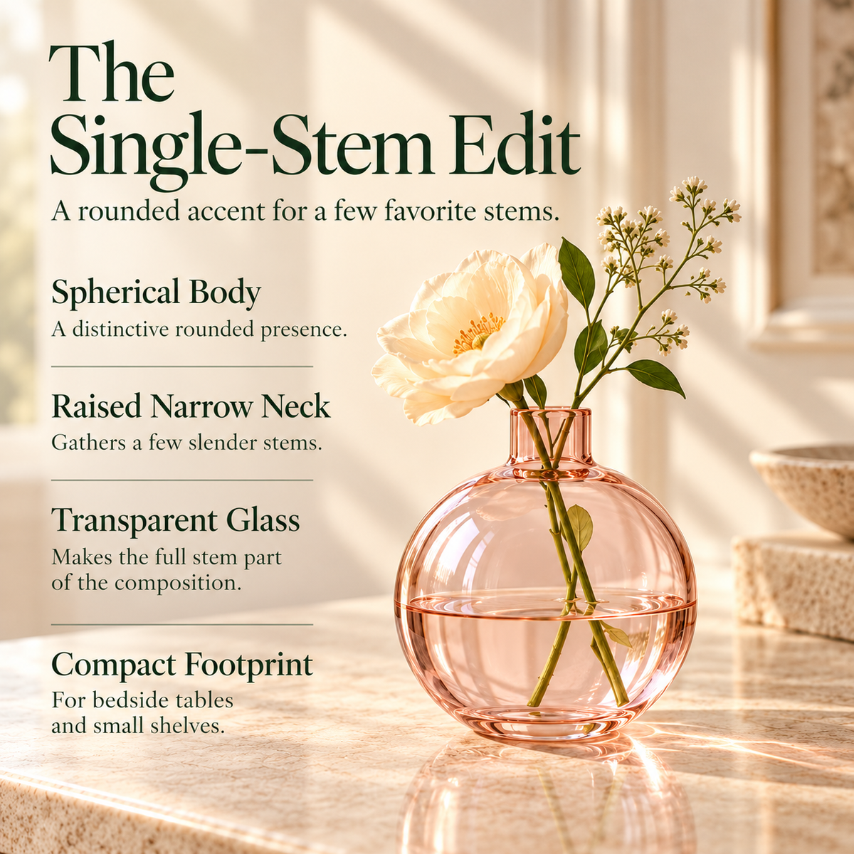 LURSEQIA™ Halo Round Glass Bud Vase — Sphere Flower Vase with Narrow Neck for Single Stems & Small Tabletop Arrangements