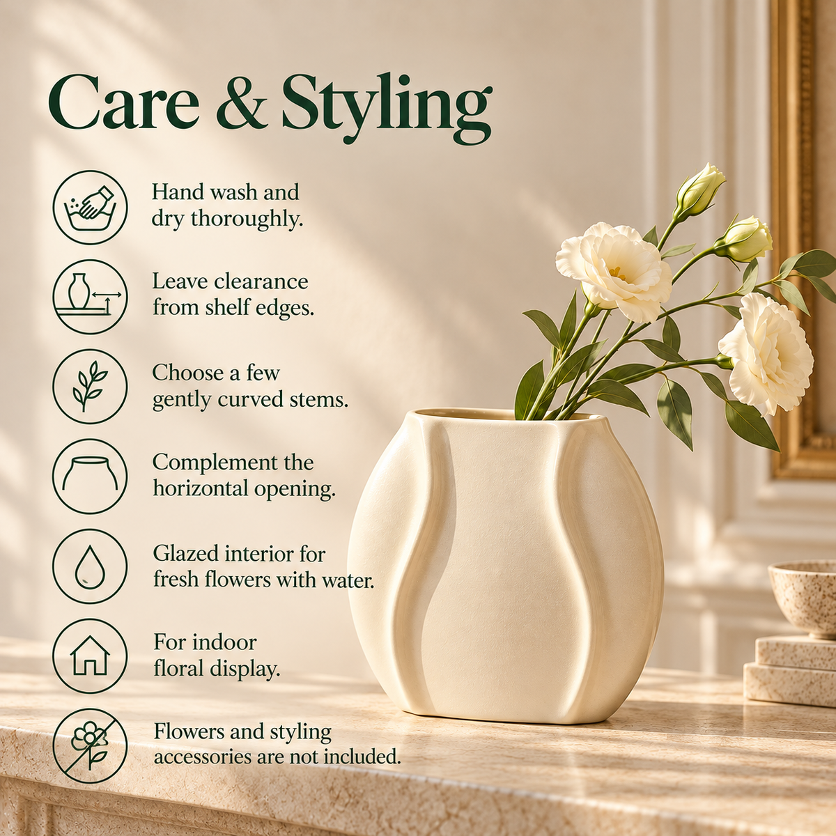 LURSEQIA™ Fold Oval Ceramic Vase — Narrow-Depth Stoneware Flower Vase for Mantels, Shelves & Small Console Tables