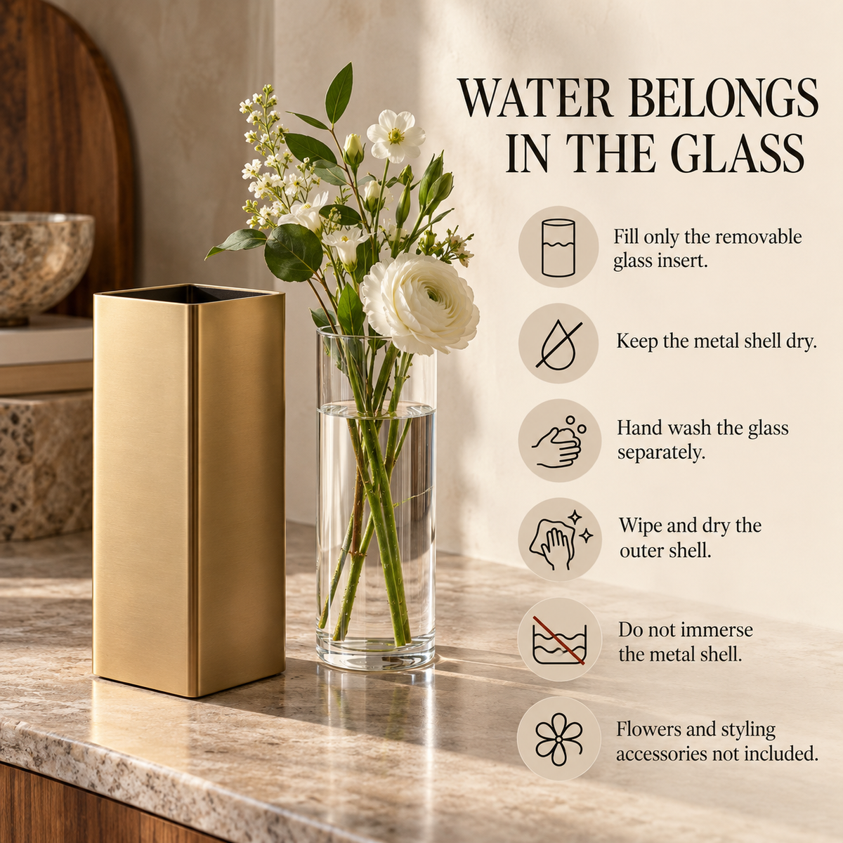 LURSEQIA™ Column Metal Flower Vase with Removable Glass Insert — Satin-Finish Tabletop Vase for Fresh Flowers & Modern Decor