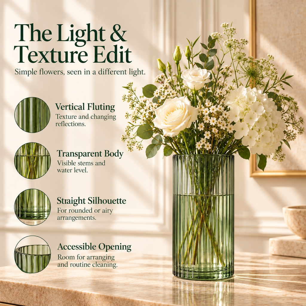 LURSEQIA™ Reed Ribbed Glass Vase — Tall Fluted Flower Vase for Fresh Bouquets, Dining Tables & Console Decor
