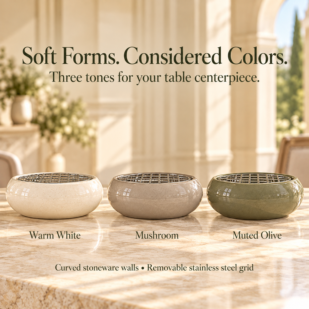 LURSEQIA™ Basin Low Wide Ceramic Vase — Stoneware Floral Centerpiece with Removable Stem Grid for Dining & Coffee Tables